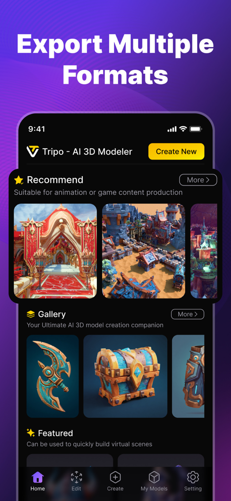 Tripo AI - 3D Model Generator - Tripo AI app interface showing a gallery of generated 3D models including a treasure chest and game environments with an export multiple formats heading