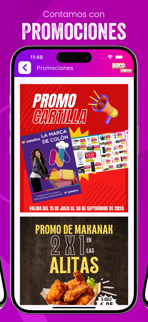 Pantalla de promociones en la app Buco Punto mostrando varios descuentos de tienda y ofertas de comida.