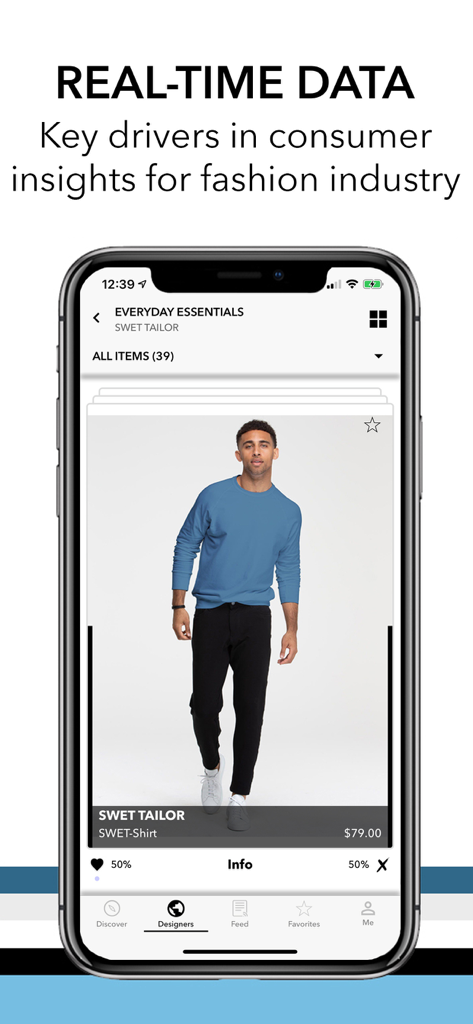 FashWire app interface displaying a designer outfit on a male model with a swipe style navigation