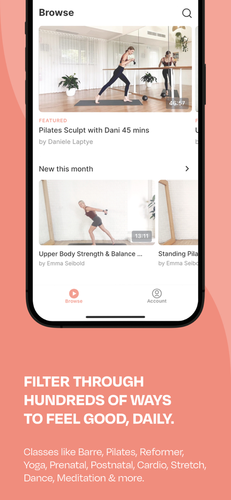 Screenshot of the Barre Body Online app browse page showing various pilates and strength workout classes