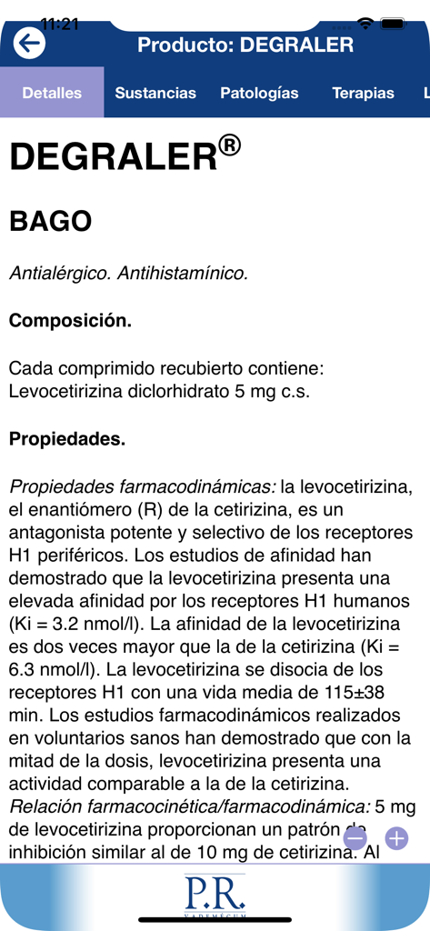 PR Vademécum Chile 2026 - Página de informações médicas para o medicamento Degraler no aplicativo PR Vademecum Chile 2026