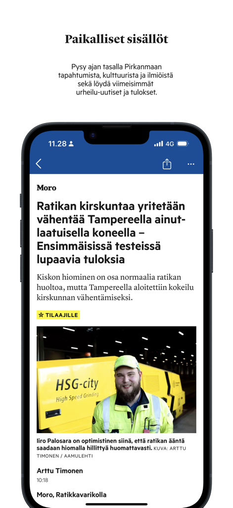 Aamulehti - Aamulehti mobile app interface displaying a local news article about Tampere.