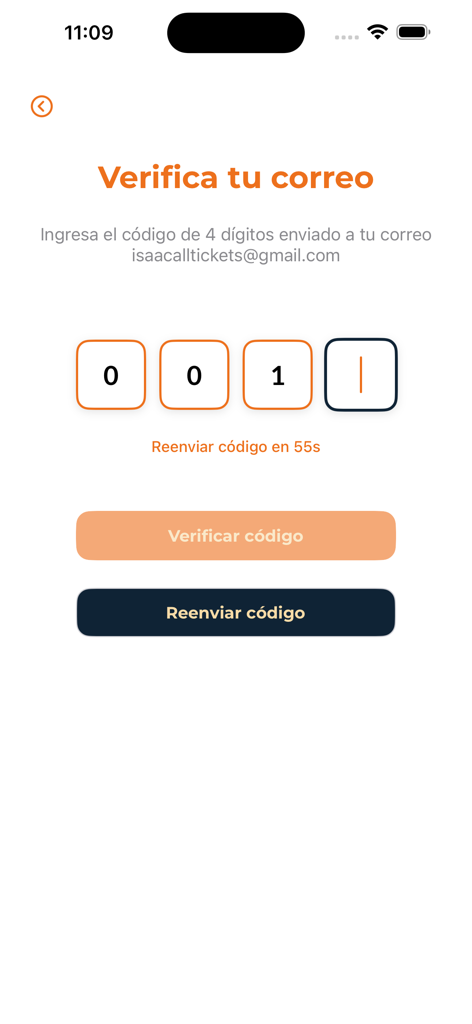 All Tickets App - Email verification screen with four digit code entry boxes in the All Tickets App
