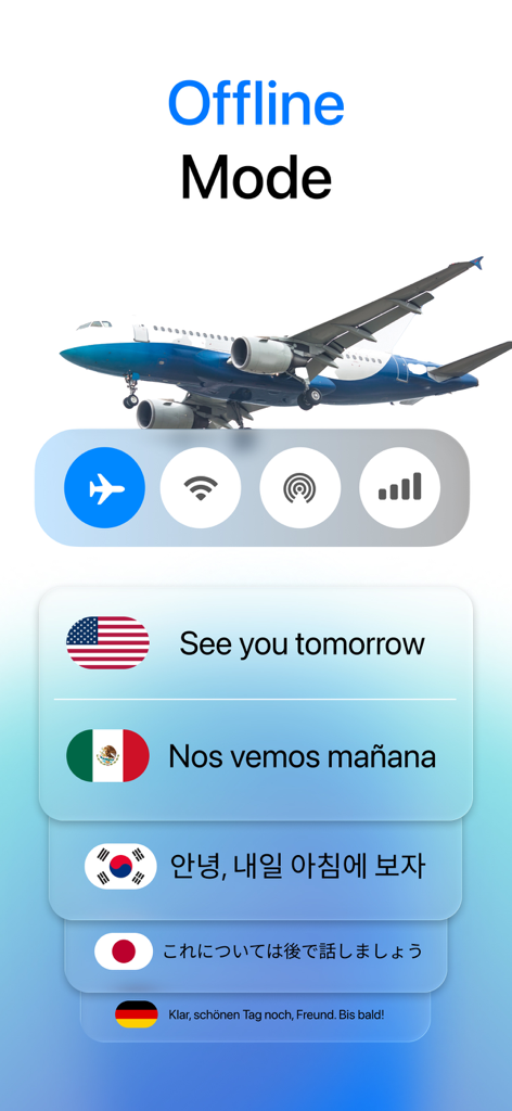 Translate Go app interface showcasing the offline translation feature for travelers with airplane mode active and multiple language examples