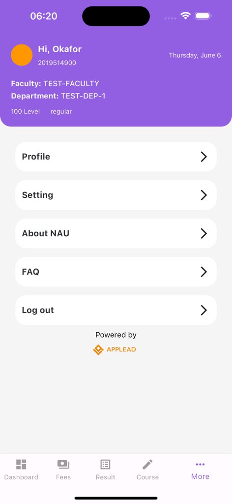 UNIZIK Portal - UNIZIK Portal app more menu screen showing user profile settings and university information