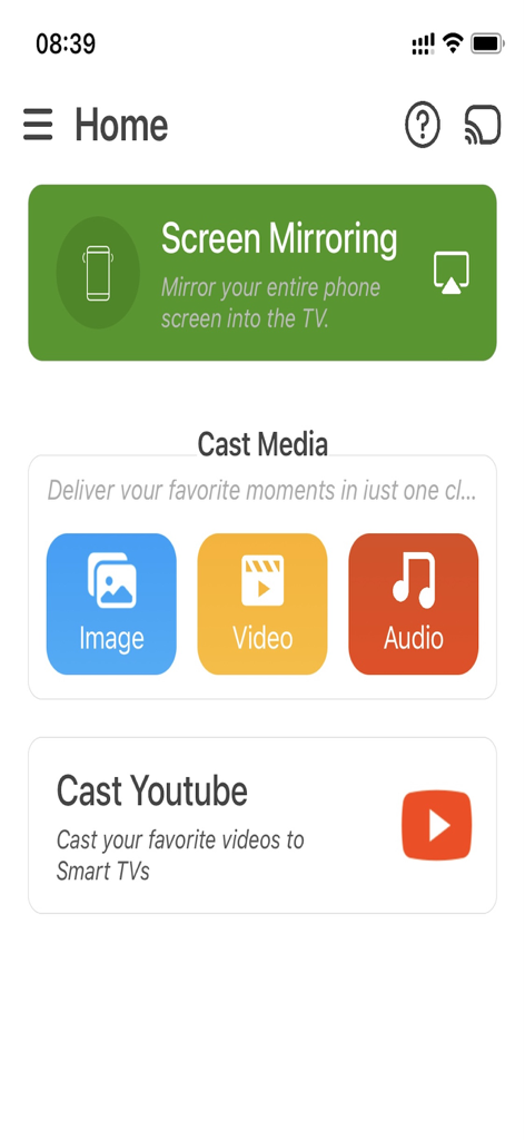 Screen Mirroring - Cast to TVs - Home screen of the Screen Mirroring app showing options to mirror screen and cast media