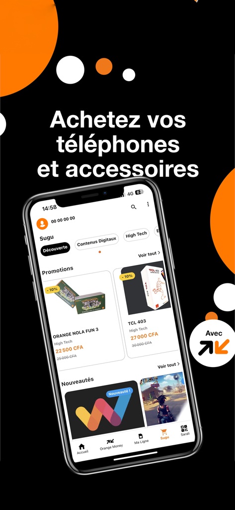 Orange Max it – Mali - Smartphone interface of the Orange Max it Mali app showing the Sugu marketplace for purchasing phones and accessories.