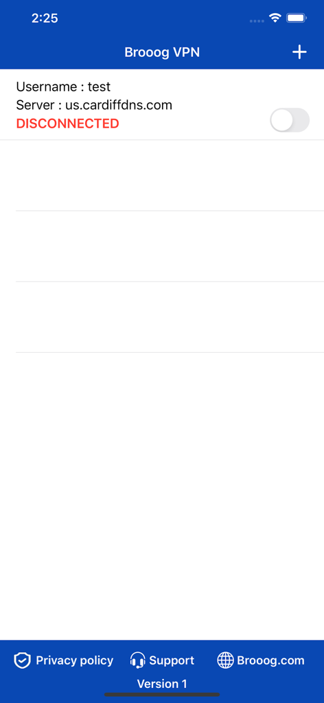 Interfaz principal de la aplicación VPN IKEv2 que muestra información de conexión del servidor.