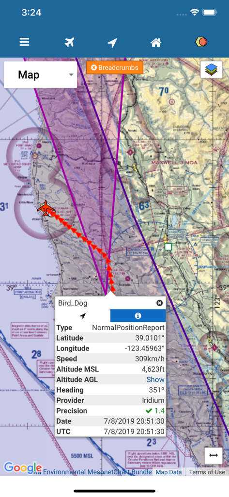 SkyRouter - SkyRouter app interface showing real-time aircraft tracking and flight telemetry on a sectional map