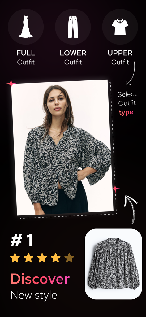 Interface of the AI Clothify app showing a virtual try on of a patterned blouse and outfit selection categories