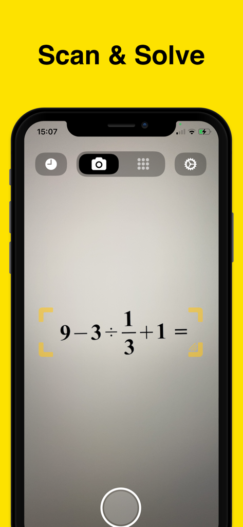 Math Scanner - Math Scanner app interface showing an iPhone camera scanning a math equation to solve it