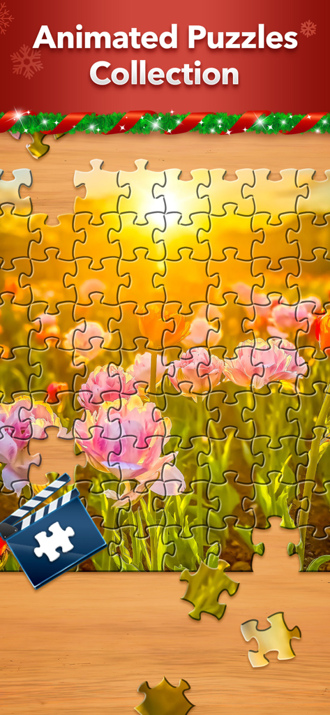 Jigsaw Puzzle - 明るい太陽の下でピンクのチューリップ畑を示すカラフルなアニメーションジグソーパズル