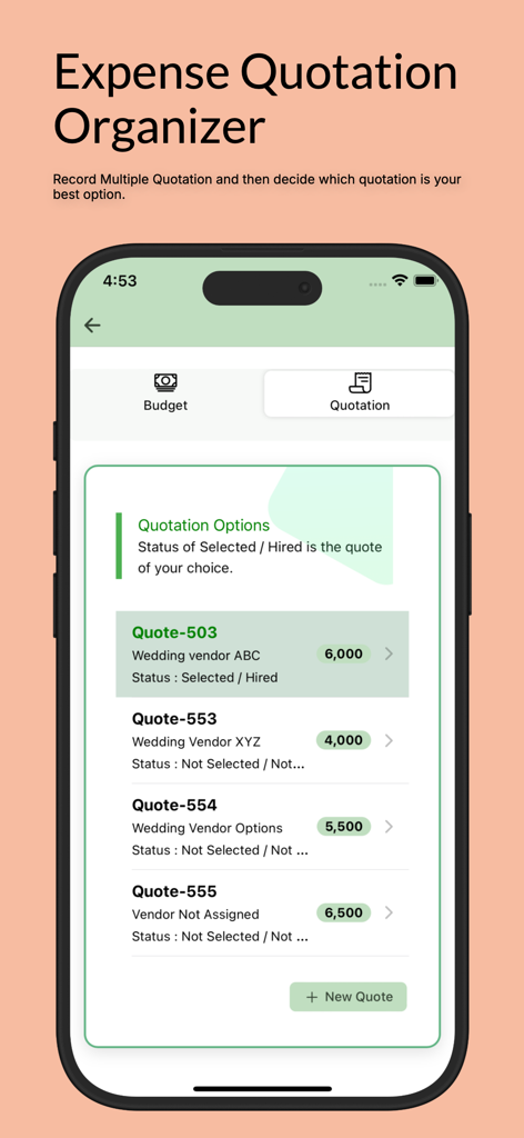 Un'interfaccia di un'app mobile che mostra un elenco di preventivi dei fornitori del matrimonio e opzioni di monitoraggio del budget