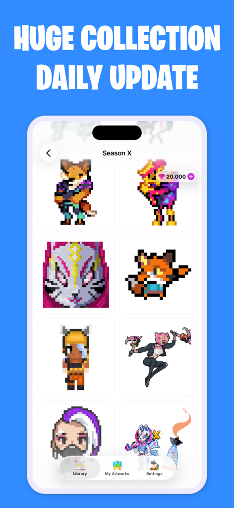 Pixelnite for Fortnite - Pixelnite app library screen showing a collection of Fortnite inspired pixel art skins ready for coloring