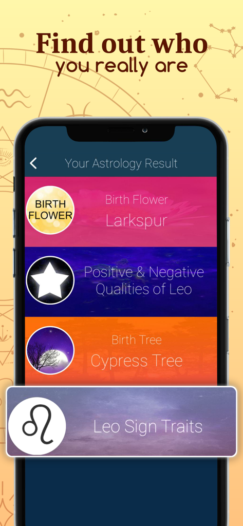 Astrology app interface showing Leo zodiac traits, birth flower, and birth tree.