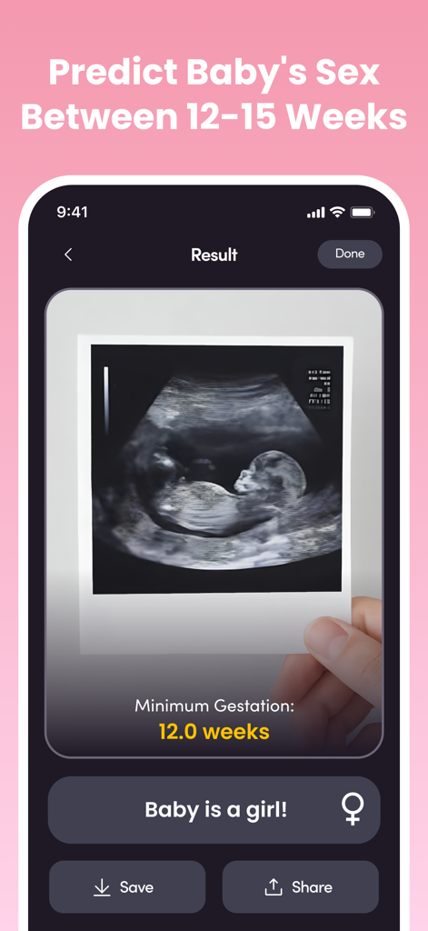 NubX: Gender Reveal& Baby Scan - NubX app interface showing an ultrasound scan with a prediction result stating the baby is a girl