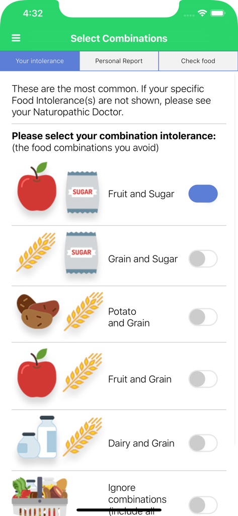 Carroll Food Intolerance - Carroll Food Intolerance app screen for selecting food combinations to avoid