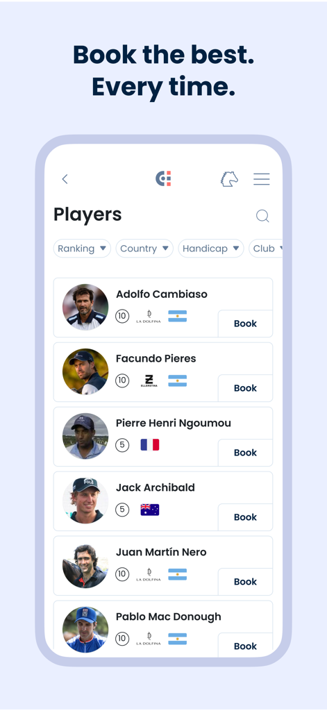 ChukkerApp - ChukkerApp mobile screen displaying a list of professional polo players with their names, handicaps, and booking options
