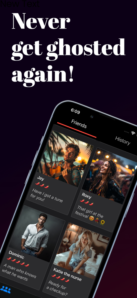 Spicy Chat AI - Una pantalla de smartphone que muestra varios perfiles de compañeros de IA en la aplicación Spicy Chat AI con el titular Nunca te dejes en visto de nuevo.