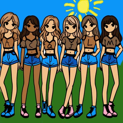 a group of girls wearing crop tops and shorts
