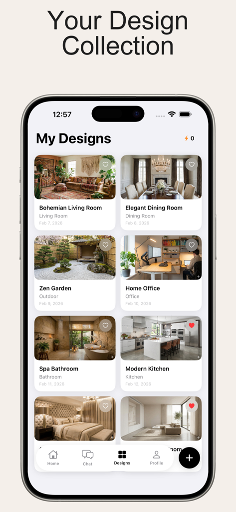 AI Home Design - Room Decor - A grid gallery of saved AI-generated interior design projects for various room types like living rooms and kitchens.