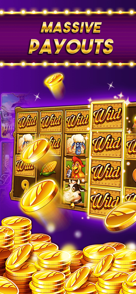 Casino Frenzy game screen showing farm-themed slot machines and massive gold coin payouts.