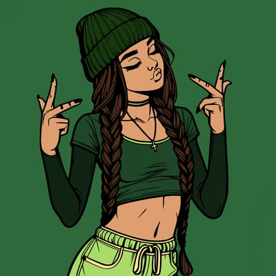 realistic teenage girl with braids and a beanie and crop top doing 🫶🏼