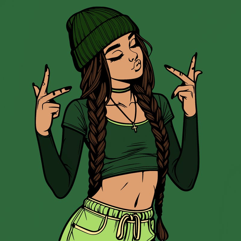 realistic teenage girl with braids and a beanie and crop top doing 🫶🏼