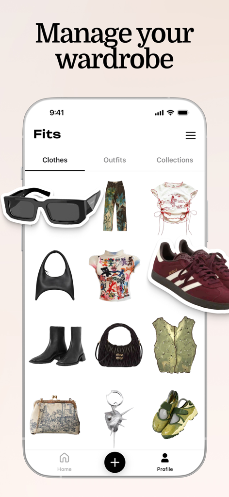 Fits – Outfit Planner & Closet - A smartphone displaying the Fits app interface for managing a digital wardrobe with a grid of clothing items and accessories