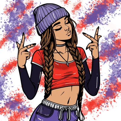 realistic teenage girl with braids and a beanie and crop top doing 🫶🏼