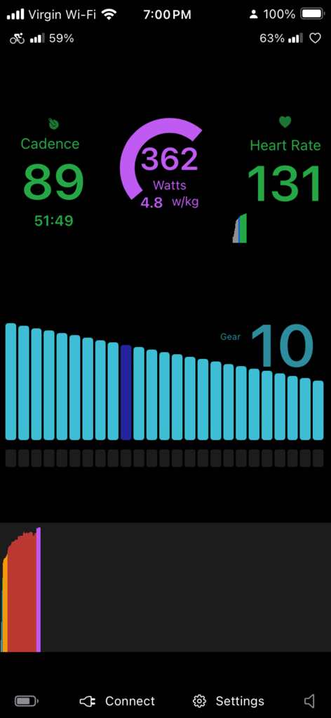 GearView - GearView app dashboard showing real time cycling metrics for Stages SB20 including gear power cadence and heart rate