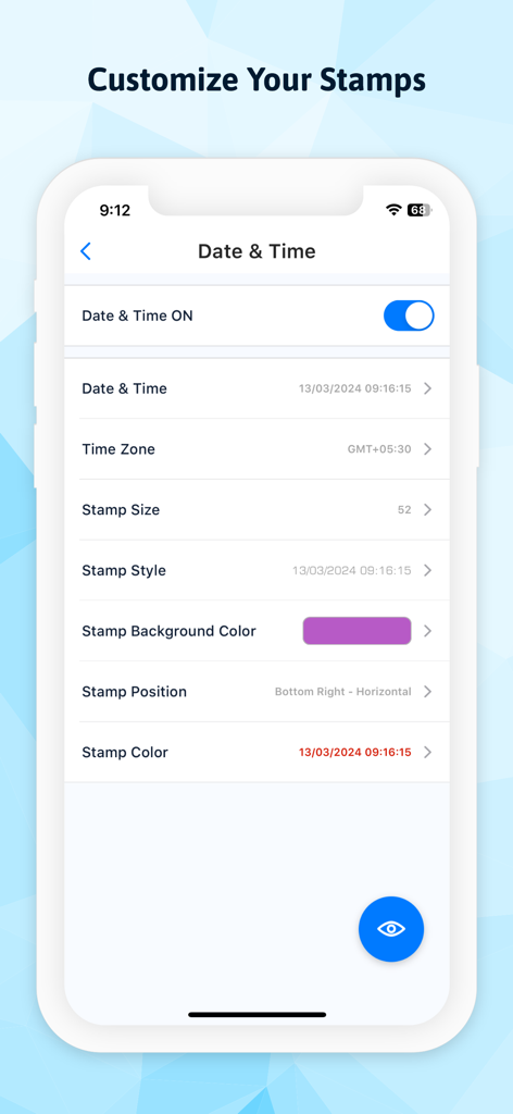 Schermata che mostra le opzioni di personalizzazione per i timbri di data e ora sulle foto
