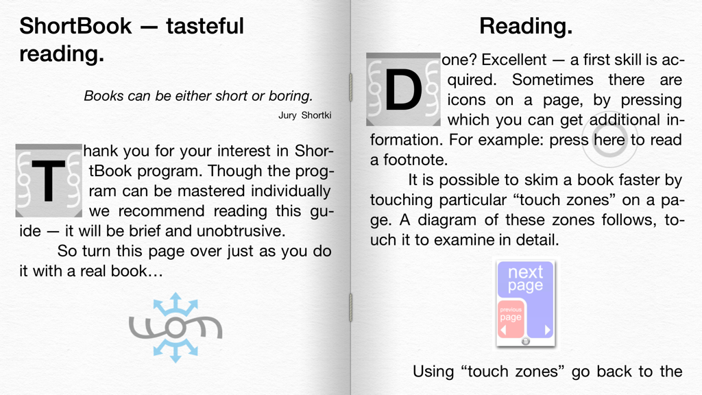 ShortBook - ShortBook app interface showing a two-page reading layout with instructions on using touch zones for navigation.