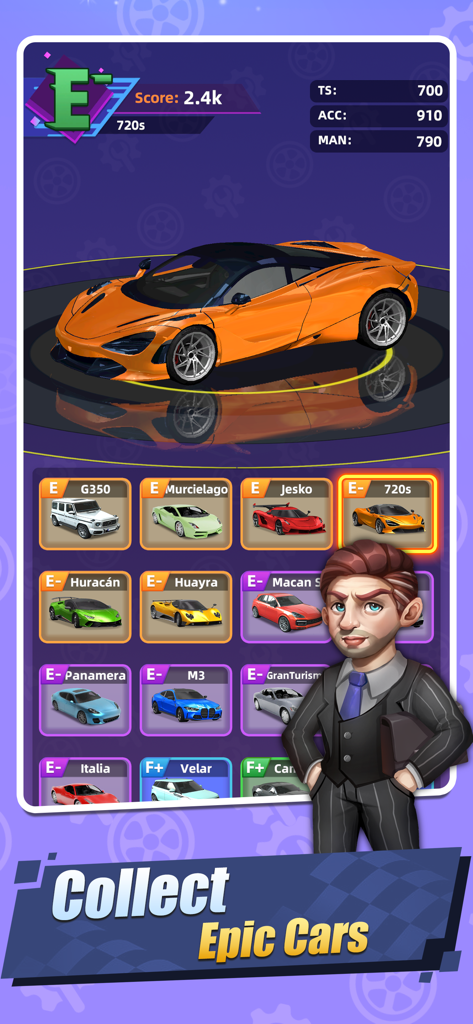 Car Fix Inc - Mechanic Garage - A car collection screen in the Car Fix Inc mobile game featuring an orange 720s supercar and a grid of luxury sports cars
