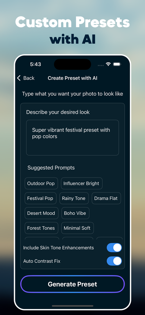 Presets for Lightroom : LRP AI - Interfaz de la aplicación LRP AI mostrando el generador de presets de IA personalizado con indicaciones de texto sugeridas como Influencer Bright y Festival Pop.