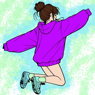 realistic girl jumping with a bun and oversized sweatshirt