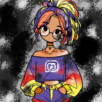 girl with a messy ponytail glasses a baggy crop top and jean shorts