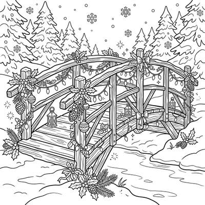 Step into a magical winter scene with this charming wooden bridge coloring page, beautifully decorated for Christmas. It's an inviting template for anyone looking to add their personal touch to a festive landscape.