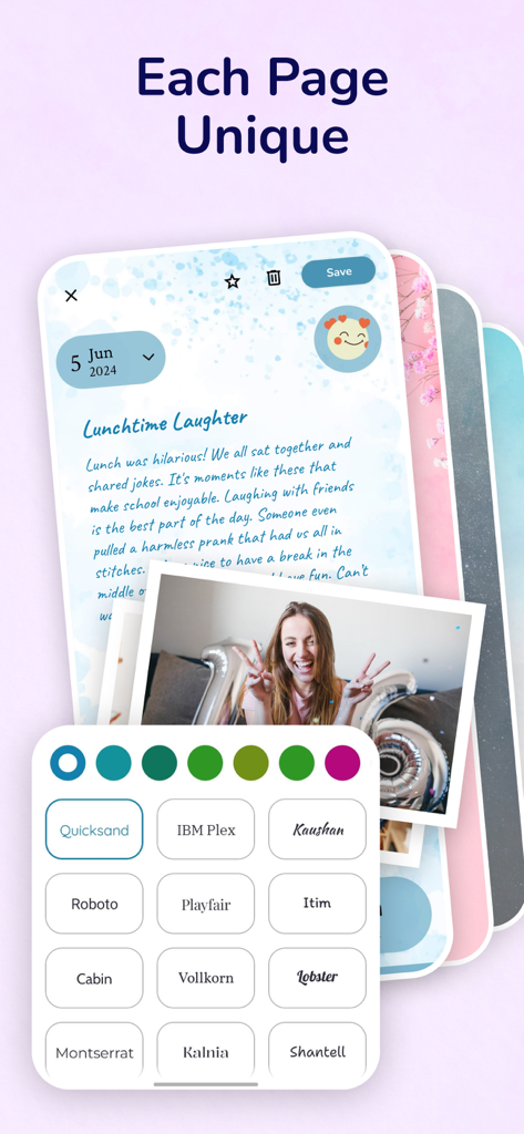 My Diary - Daily Journal, Lock - Una pantalla móvil que muestra las opciones de personalización de la aplicación Mi Diario, incluyendo varias fuentes, paletas de colores y adjuntos de fotos para crear páginas de diario únicas.