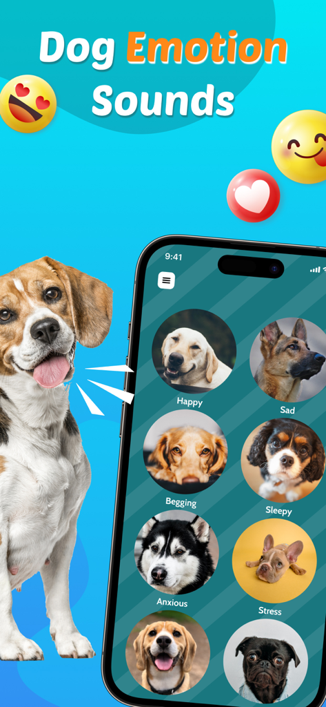 Dog Translator, Games for Dogs - Interface do aplicativo Dog Translator mostrando categorias de sons de emoções de cães incluindo feliz, triste e ansioso