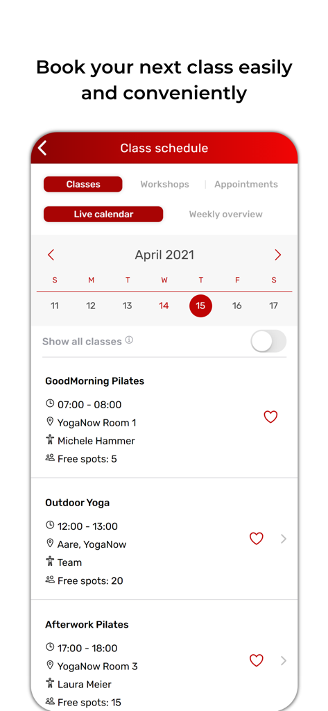 A mobile interface of the SportsNow app showing a fitness class schedule for booking Pilates and Yoga sessions
