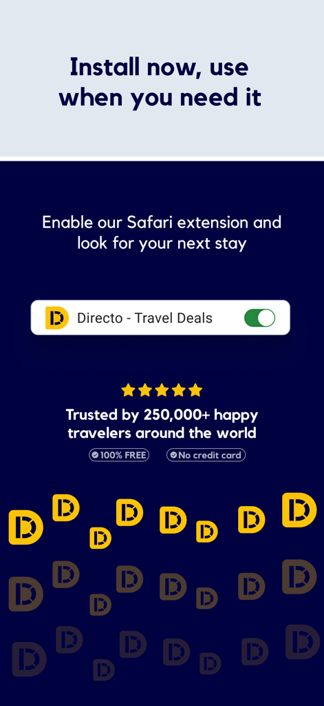 Directo extension - Instructional screen to enable the Directo Safari extension for travel deals featuring a toggle button and social proof.