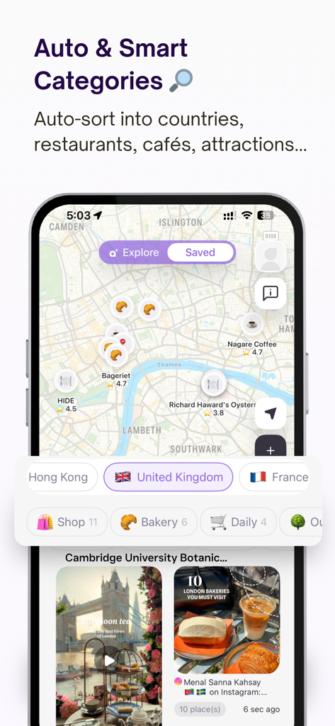 Voyla app interface with map view showing smart categorization of saved locations by country and type.