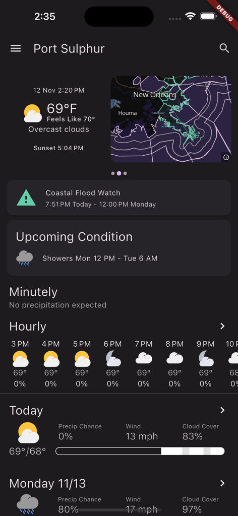 Shadow Weather - Shadow Weather app interface showing local forecast and coastal flood alert.