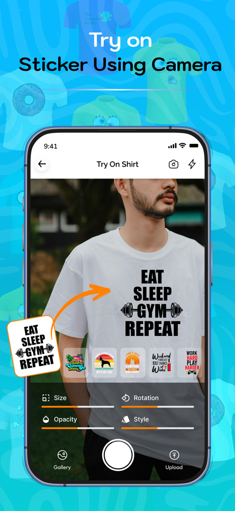 T-Shirt Editor: Shirt Designer - Smartphone screen displaying a custom T-shirt design mockup on a person using the camera try-on feature