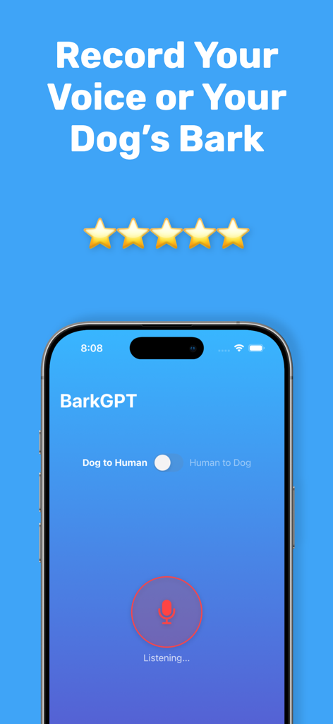 BarkGPT – AI Dog Translator - BarkGPT app interface on an iPhone showing the record voice or dog bark feature for AI translation.