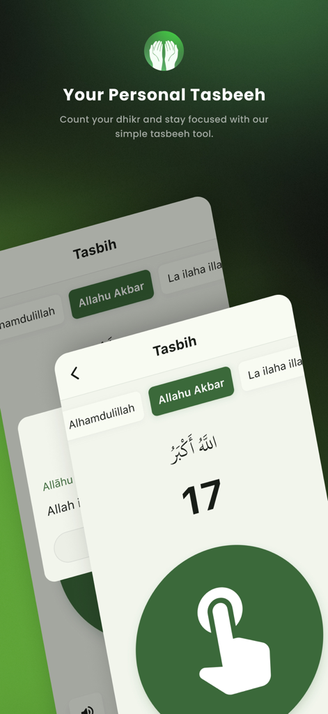 Digital tasbeeh counter screen in the Dhikr and Dua app showing a button to count dhikr prayers