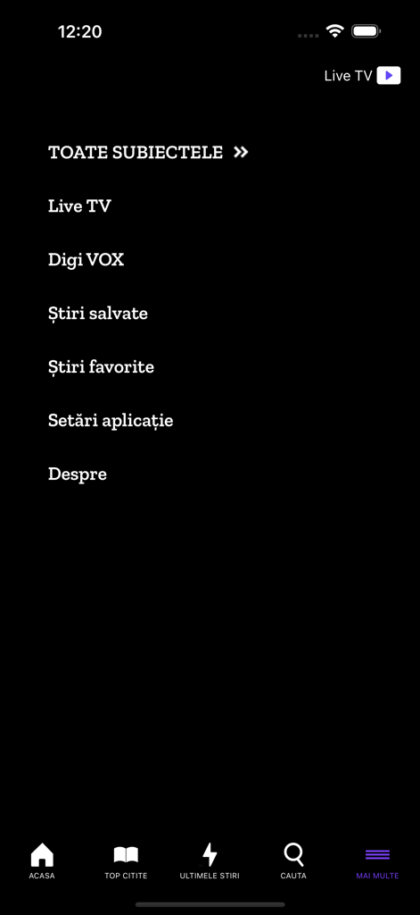 Digi24 - Digi24 mobile app menu screen displaying options for Live TV saved news and settings in Romanian