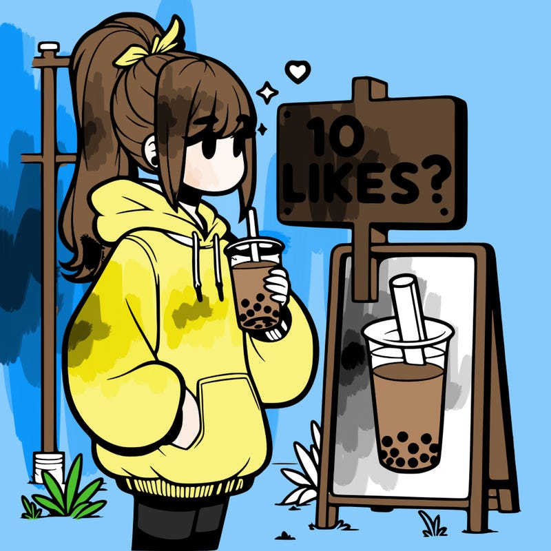 girl with oversized hoodie drinking boba and she has a high ponytail with a sign that says 10likes?