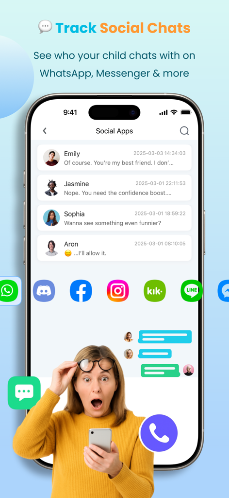 KidsGuard Pro-Parental Control - Interface of KidsGuard Pro app showing tracked social media messages from various platforms for parental monitoring